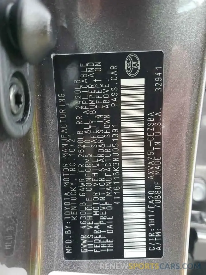 12 fotografías del automóvil dañado 4T1G11BK3NU051391 TOYOTA CAMRY 2022