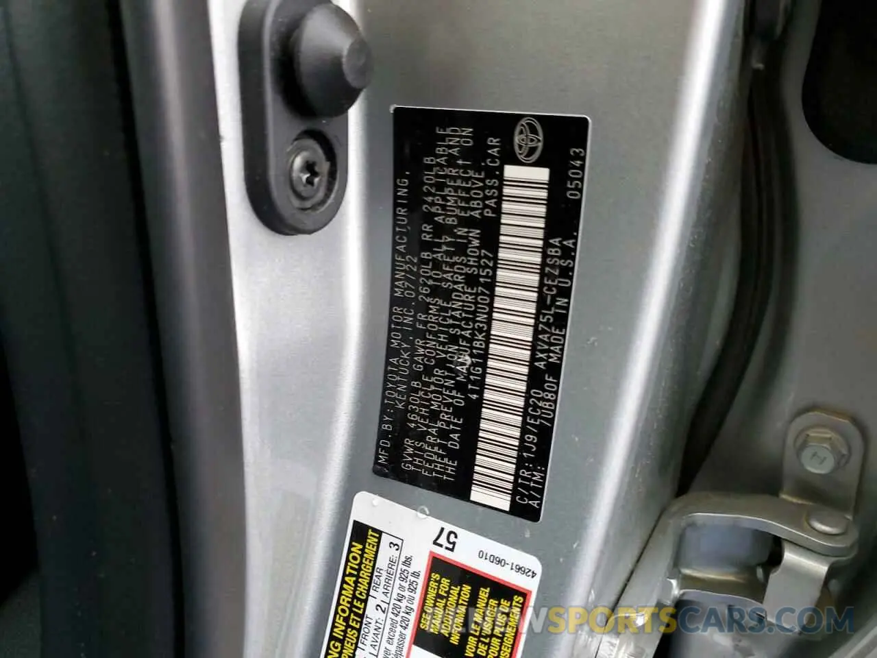 10 fotografías del automóvil dañado 4T1G11BK3NU071527 TOYOTA CAMRY 2022