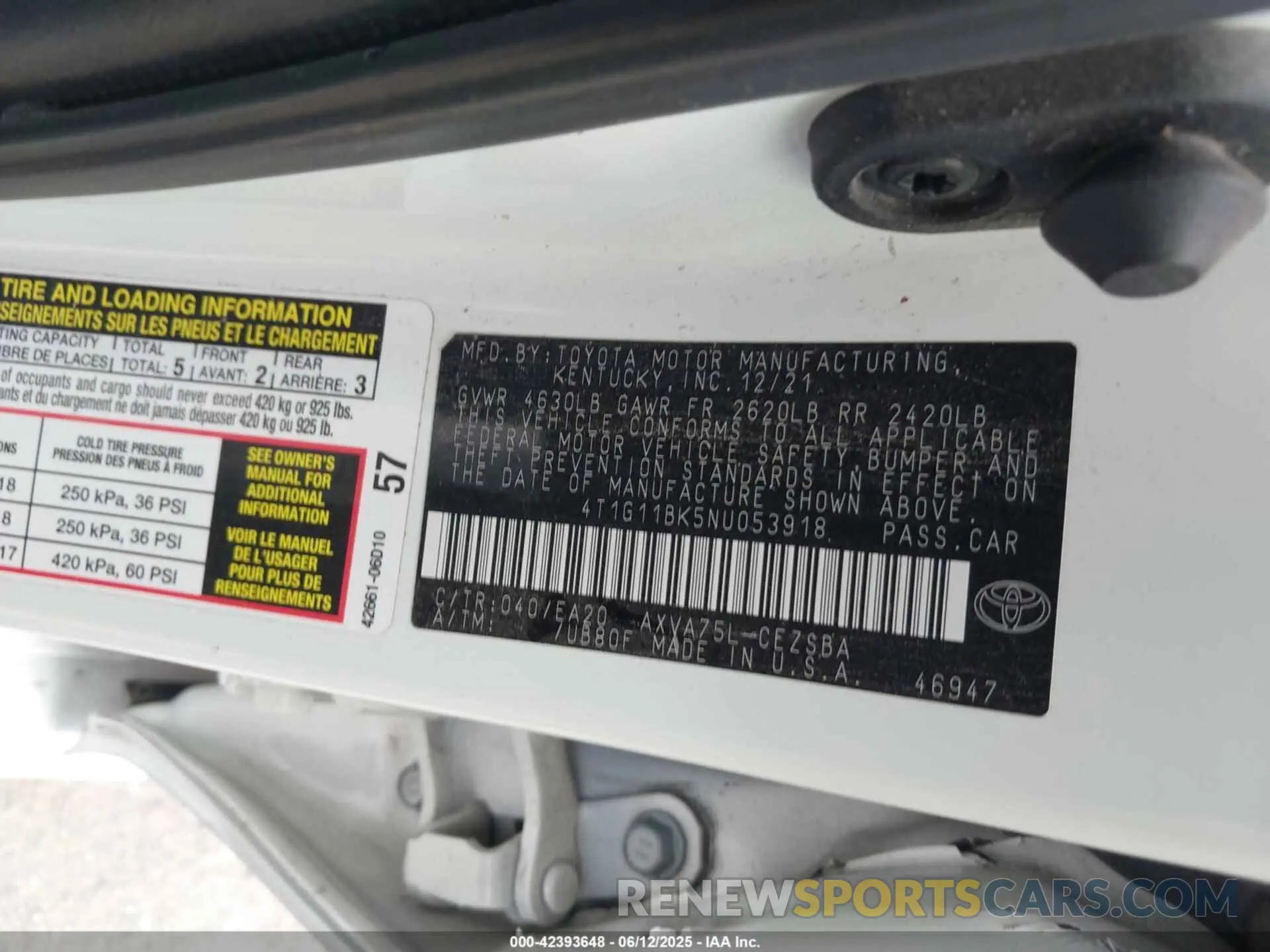 9 fotografías del automóvil dañado 4T1G11BK5NU053918 TOYOTA CAMRY 2022