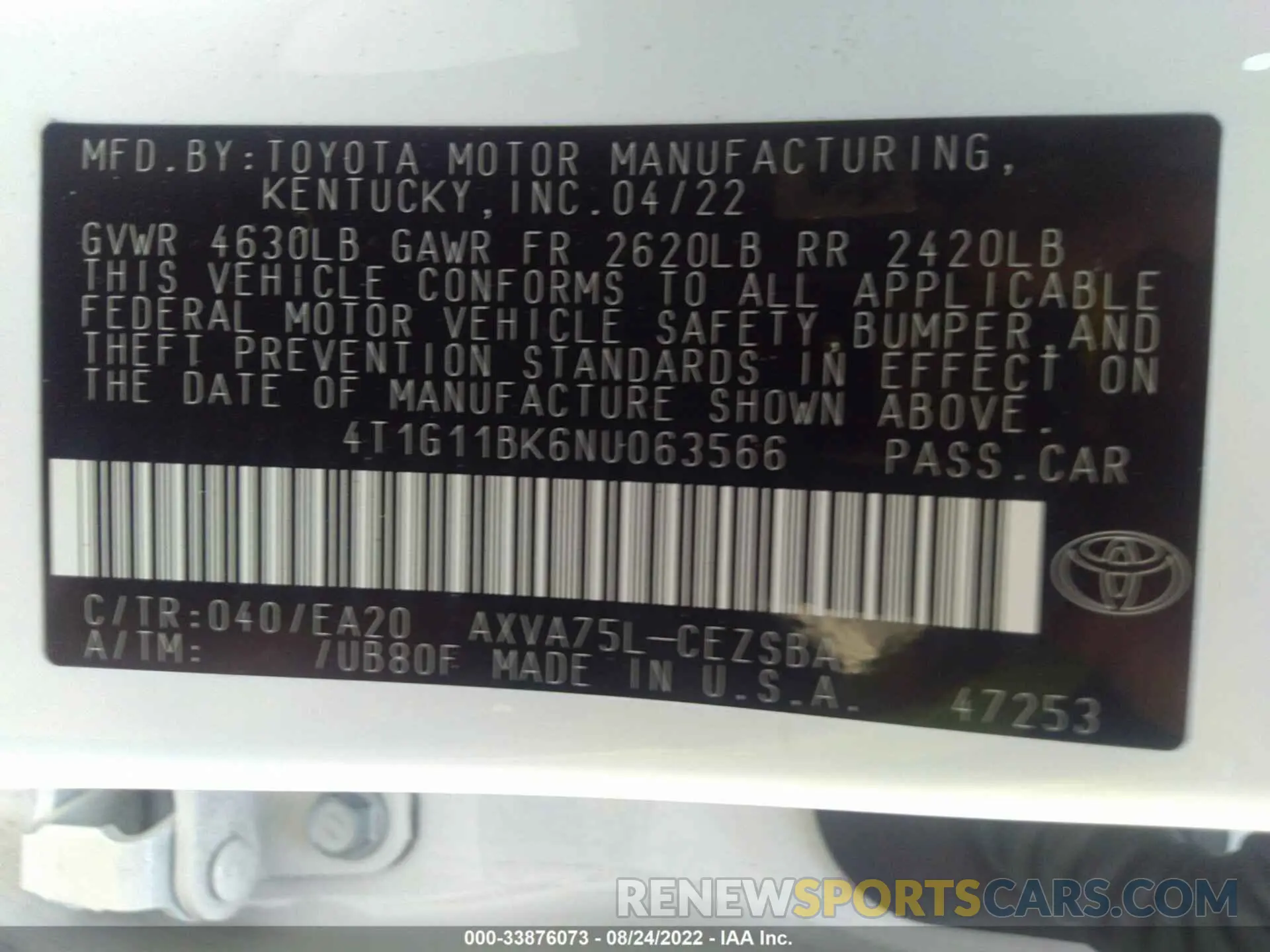 9 fotografías del automóvil dañado 4T1G11BK6NU063566 TOYOTA CAMRY 2022
