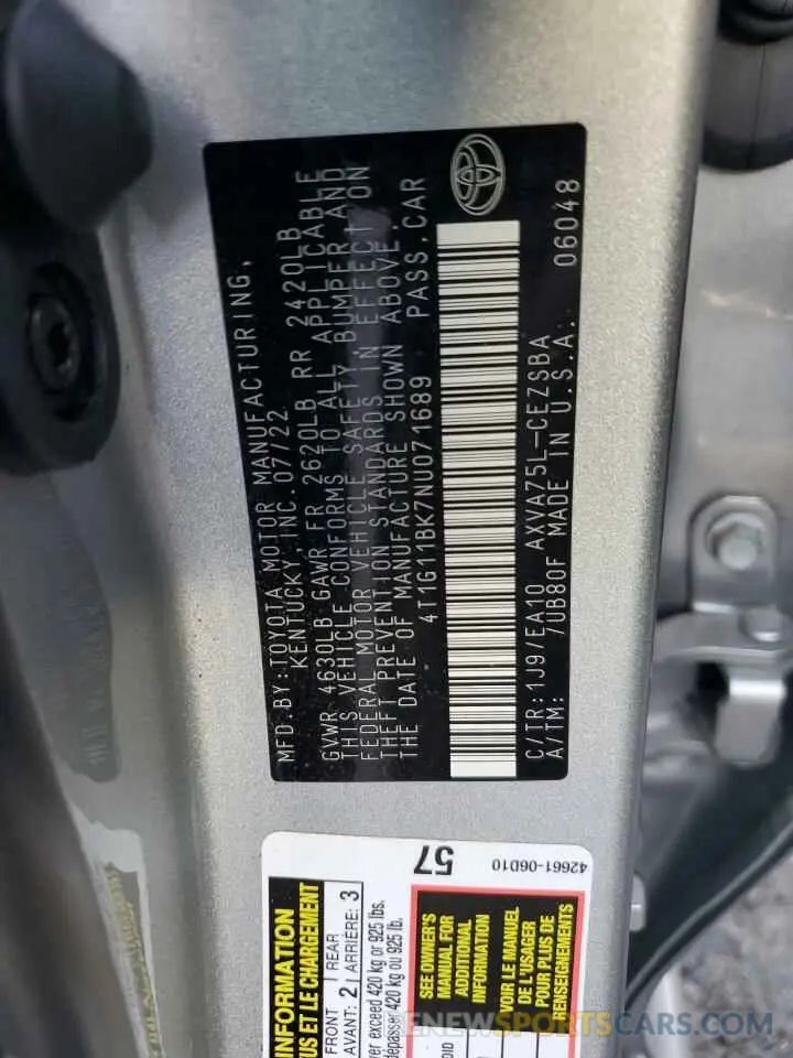 12 fotografías del automóvil dañado 4T1G11BK7NU071689 TOYOTA CAMRY 2022