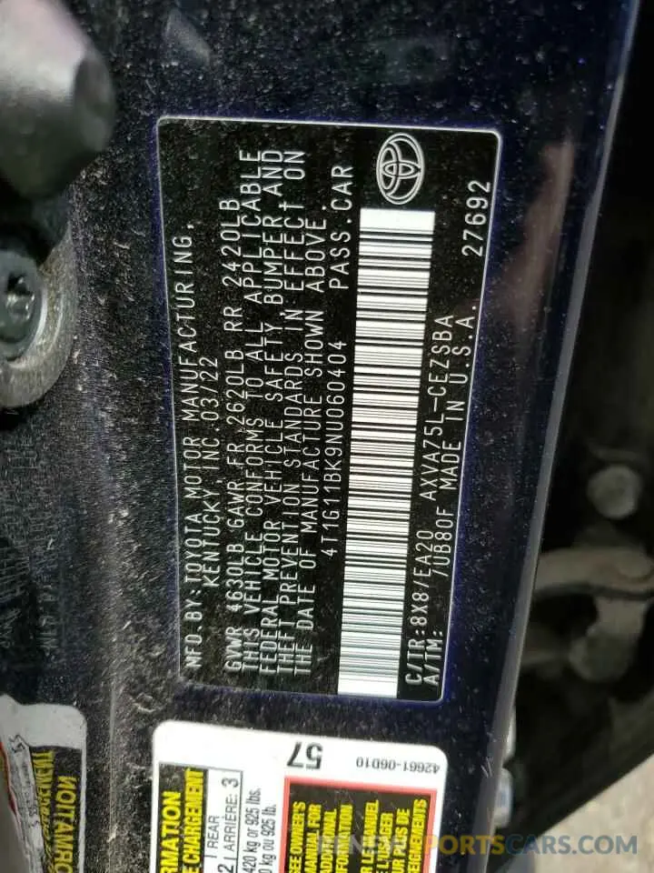 12 fotografías del automóvil dañado 4T1G11BK9NU060404 TOYOTA CAMRY 2022