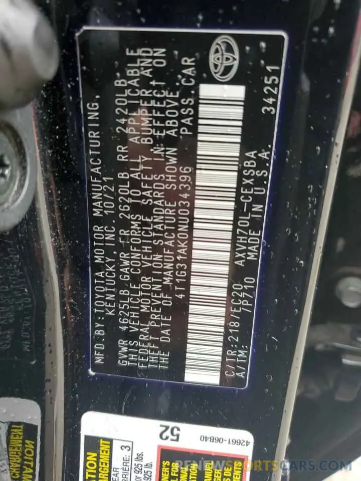13 fotografías del automóvil dañado 4T1G31AK0NU034396 TOYOTA CAMRY 2022