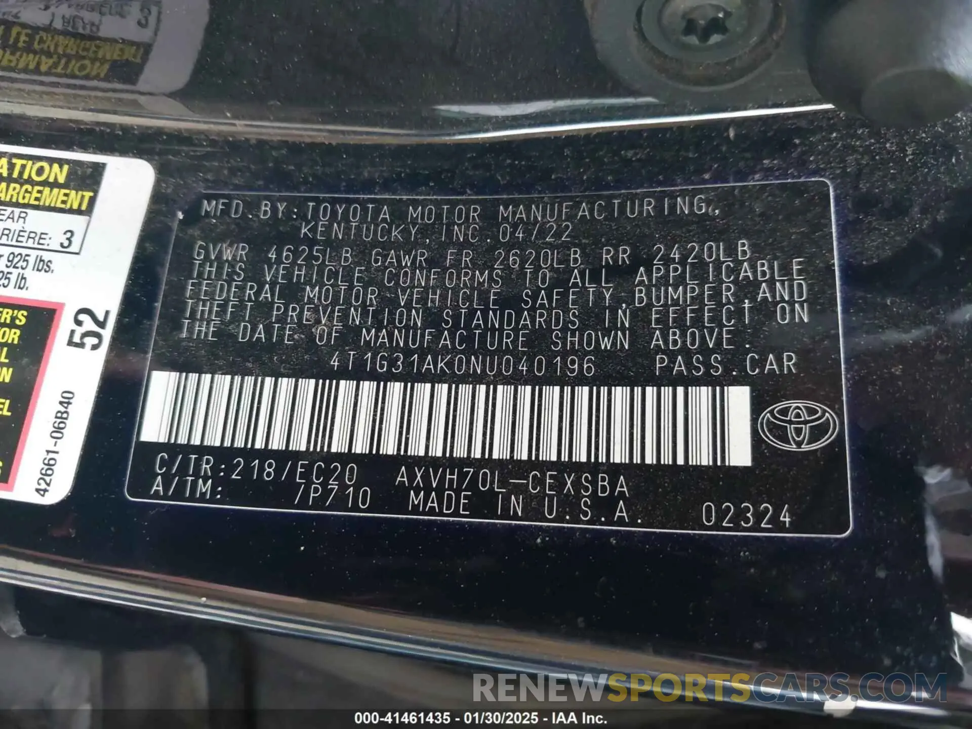 9 fotografías del automóvil dañado 4T1G31AK0NU040196 TOYOTA CAMRY 2022