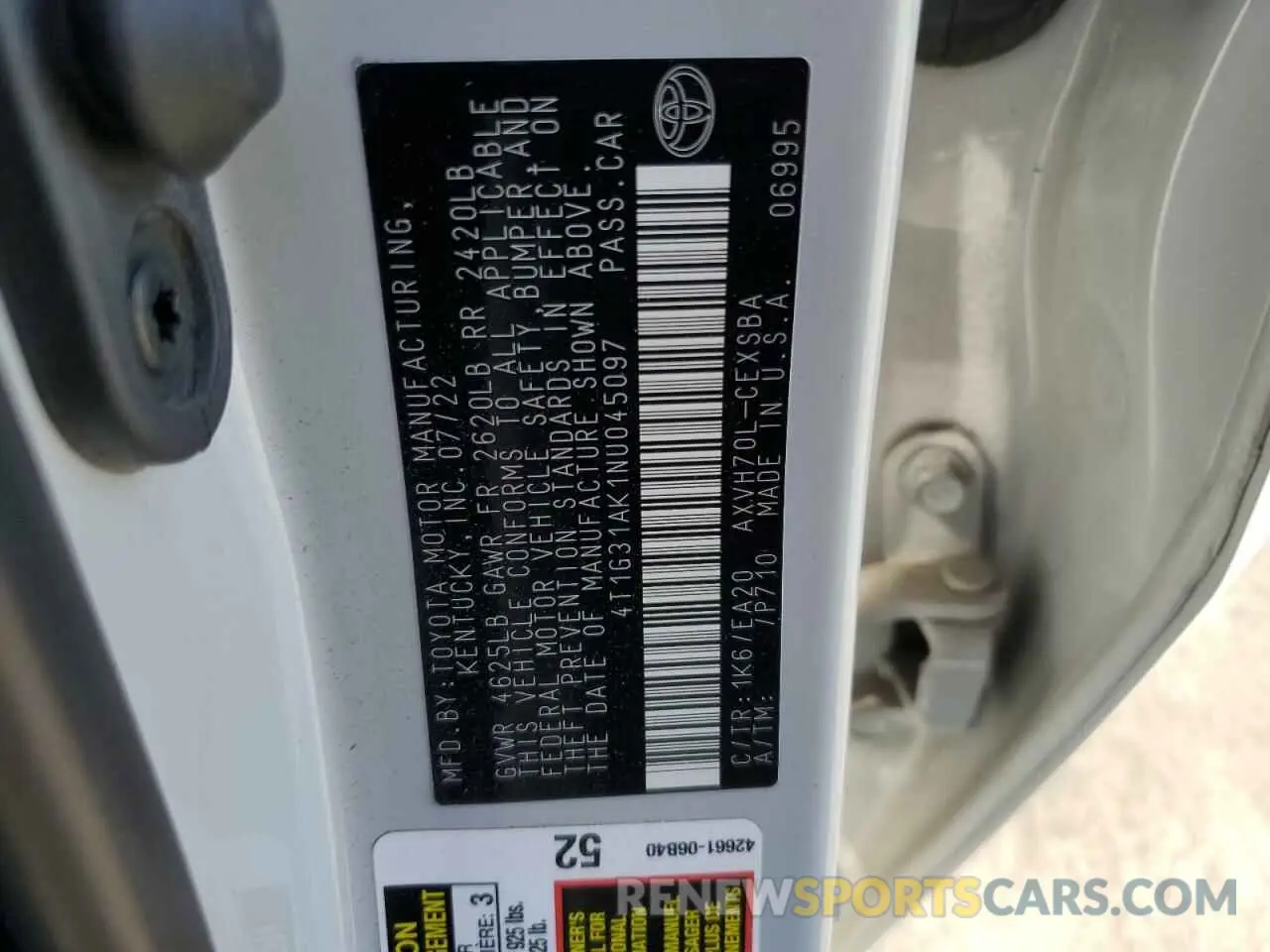 12 fotografías del automóvil dañado 4T1G31AK1NU045097 TOYOTA CAMRY 2022
