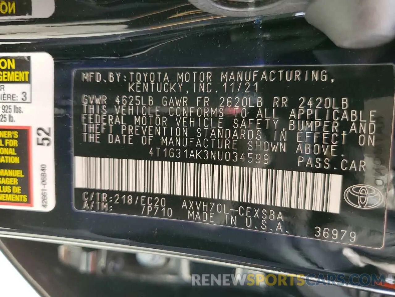 10 fotografías del automóvil dañado 4T1G31AK3NU034599 TOYOTA CAMRY 2022