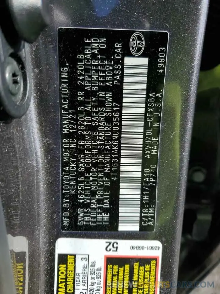 13 fotografías del automóvil dañado 4T1G31AK6NU035617 TOYOTA CAMRY 2022