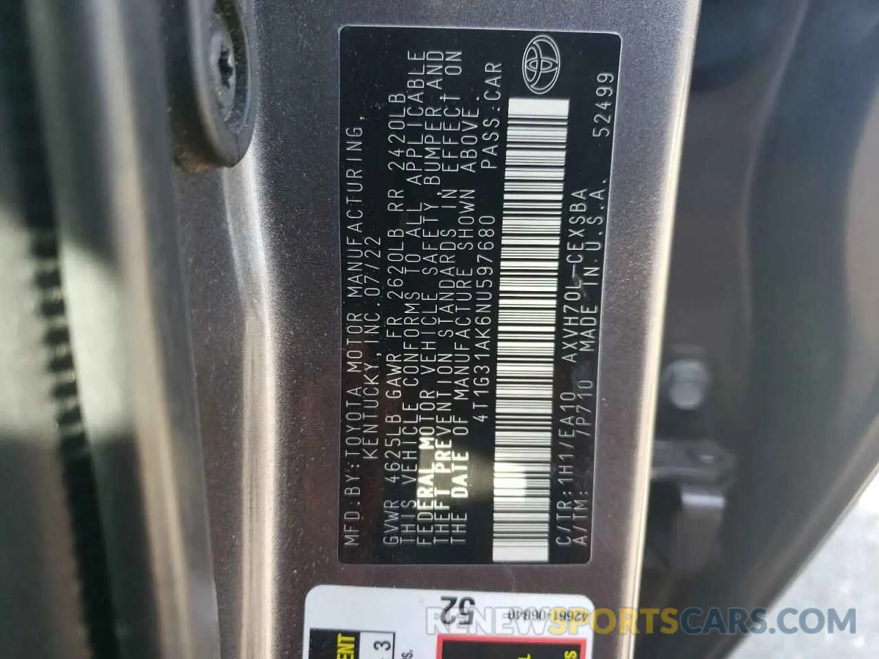 12 fotografías del automóvil dañado 4T1G31AK6NU597680 TOYOTA CAMRY 2022
