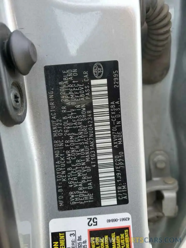12 fotografías del automóvil dañado 4T1G31AK7NU042348 TOYOTA CAMRY 2022