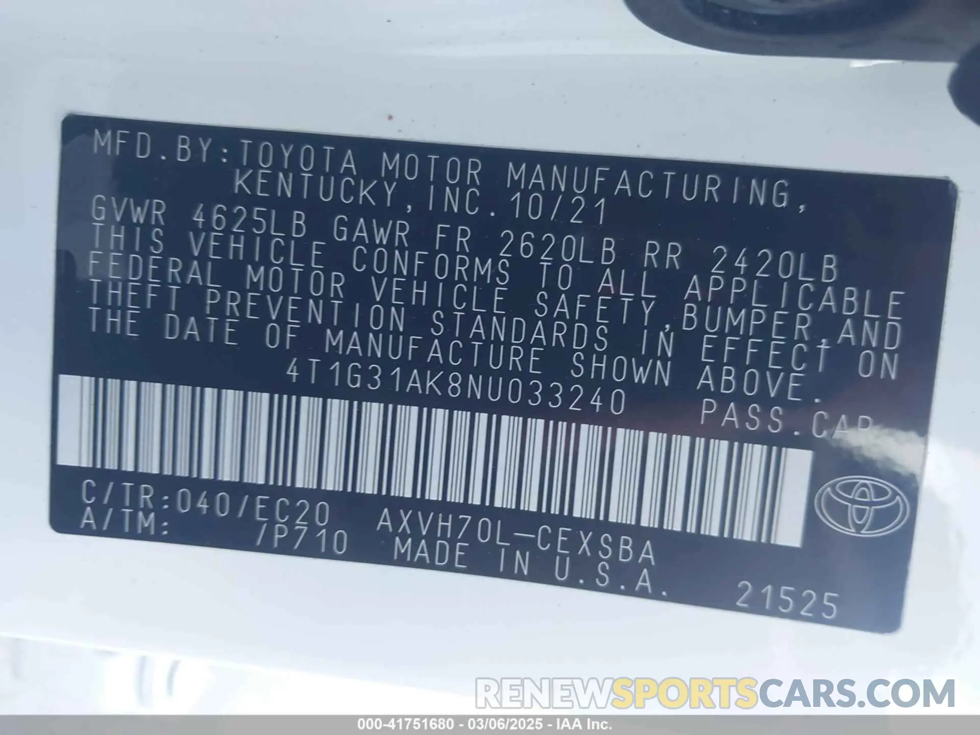 9 fotografías del automóvil dañado 4T1G31AK8NU033240 TOYOTA CAMRY 2022