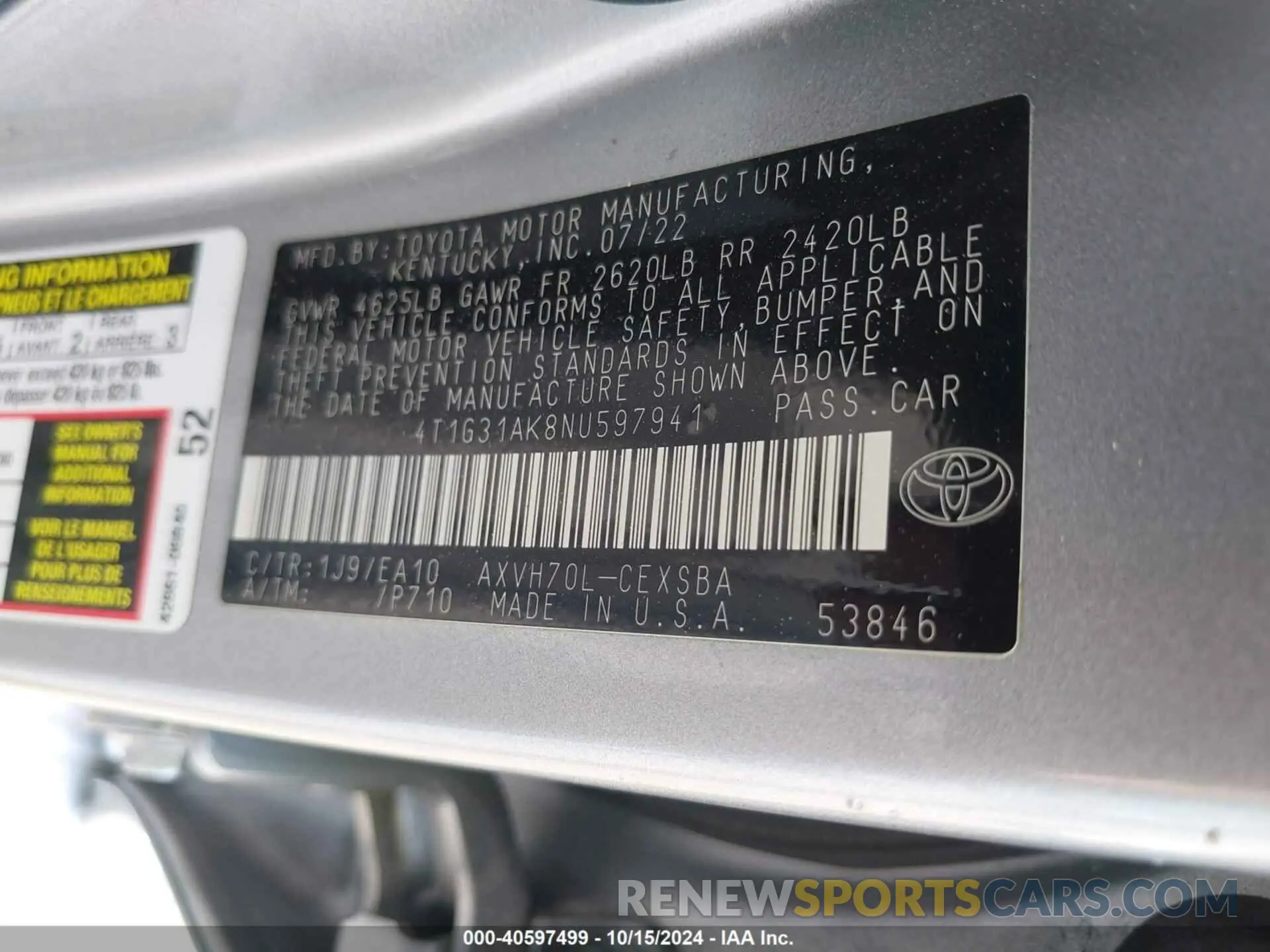 9 fotografías del automóvil dañado 4T1G31AK8NU597941 TOYOTA CAMRY 2022