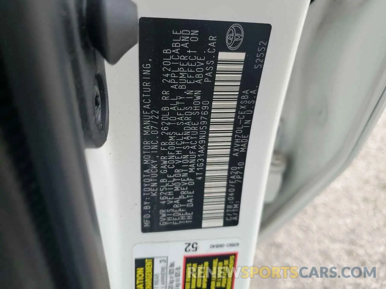 12 fotografías del automóvil dañado 4T1G31AK9NU597690 TOYOTA CAMRY 2022