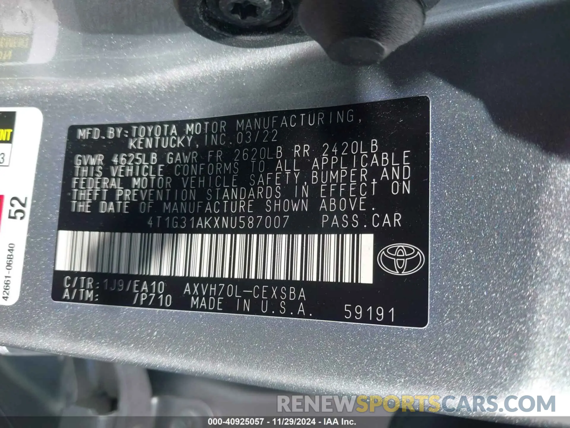 9 fotografías del automóvil dañado 4T1G31AKXNU587007 TOYOTA CAMRY 2022