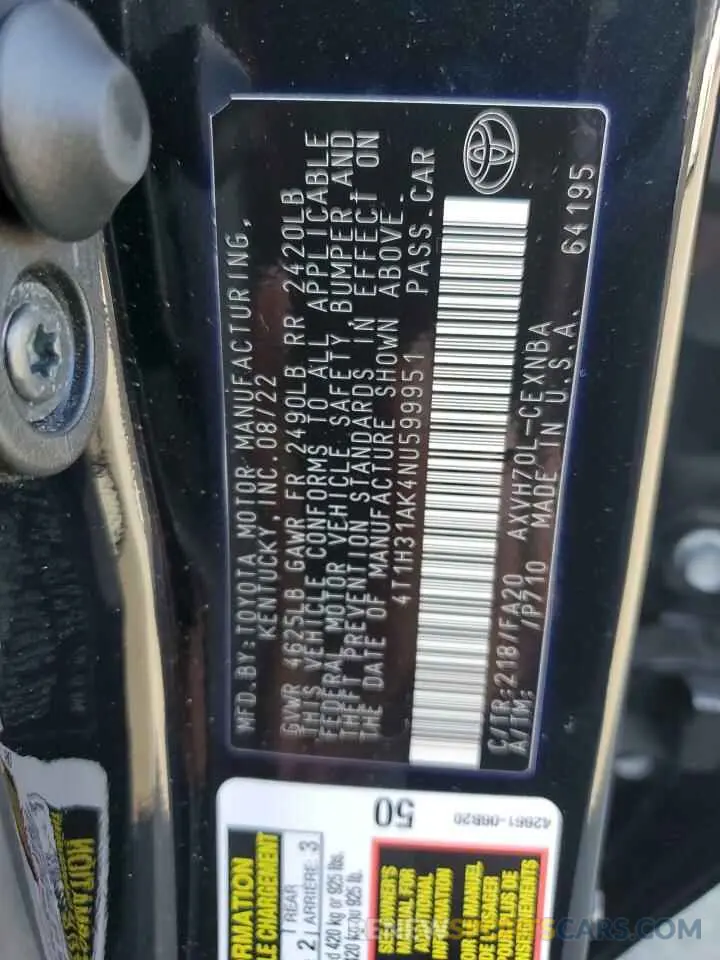 12 fotografías del automóvil dañado 4T1H31AK4NU599951 TOYOTA CAMRY 2022