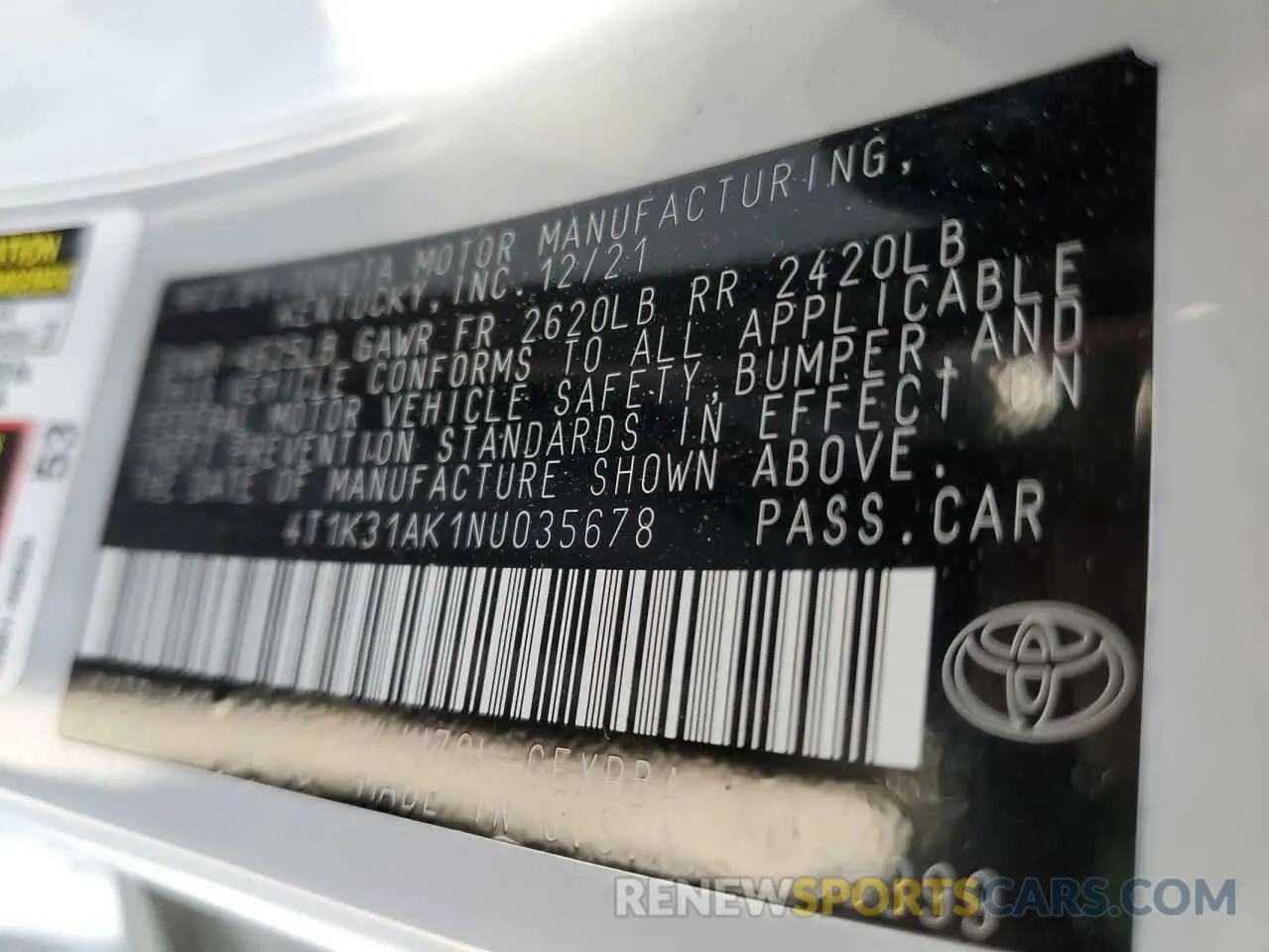 12 fotografías del automóvil dañado 4T1K31AK1NU035678 TOYOTA CAMRY 2022