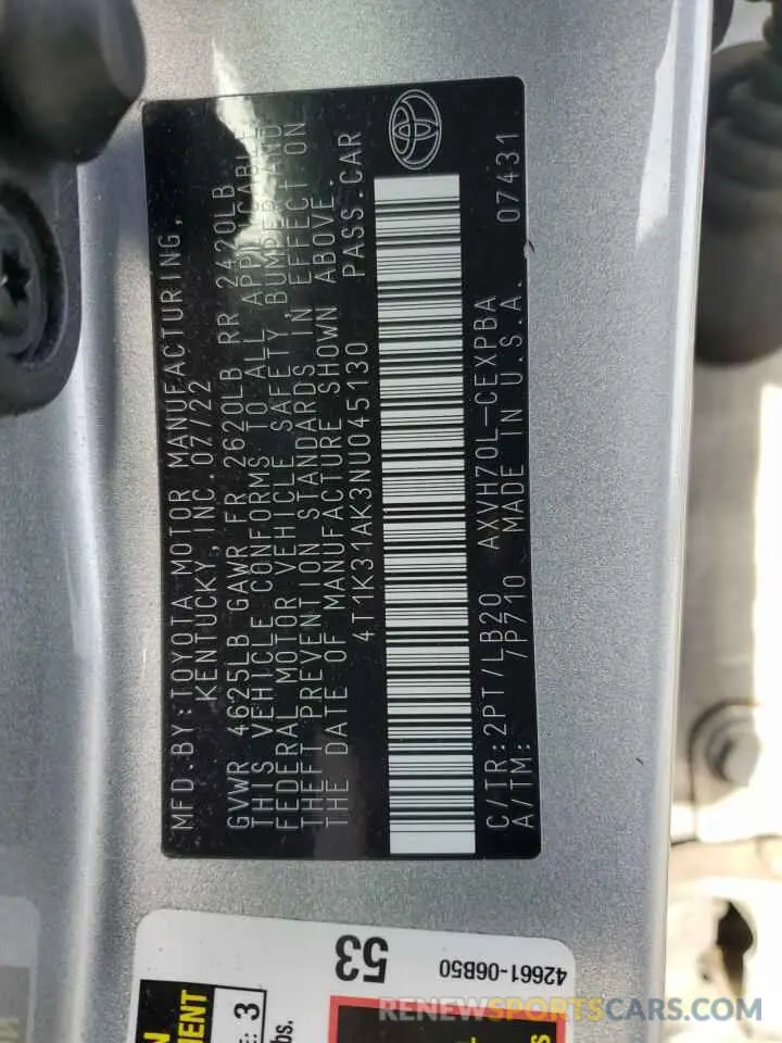 12 fotografías del automóvil dañado 4T1K31AK3NU045130 TOYOTA CAMRY 2022