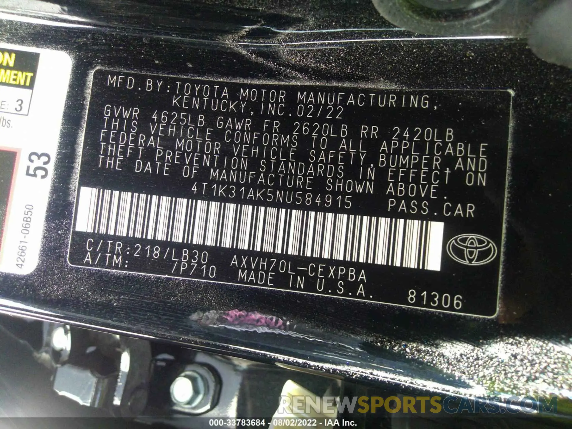 9 fotografías del automóvil dañado 4T1K31AK5NU584915 TOYOTA CAMRY 2022