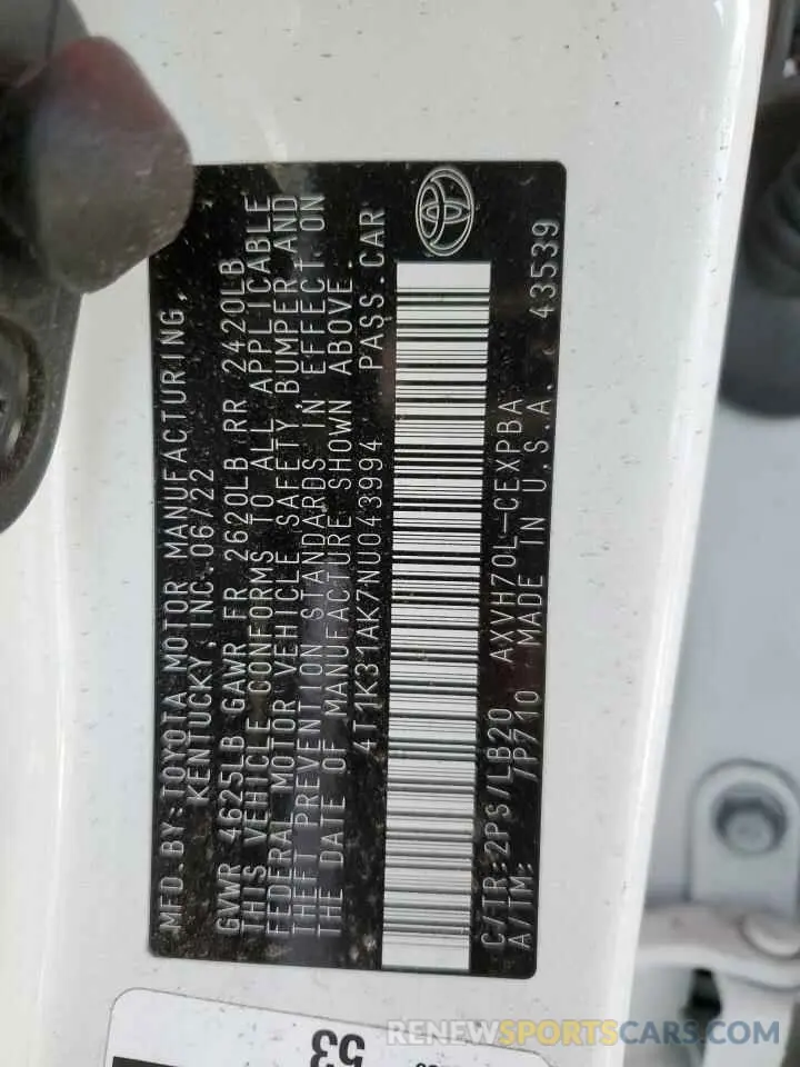 12 fotografías del automóvil dañado 4T1K31AK7NU043994 TOYOTA CAMRY 2022