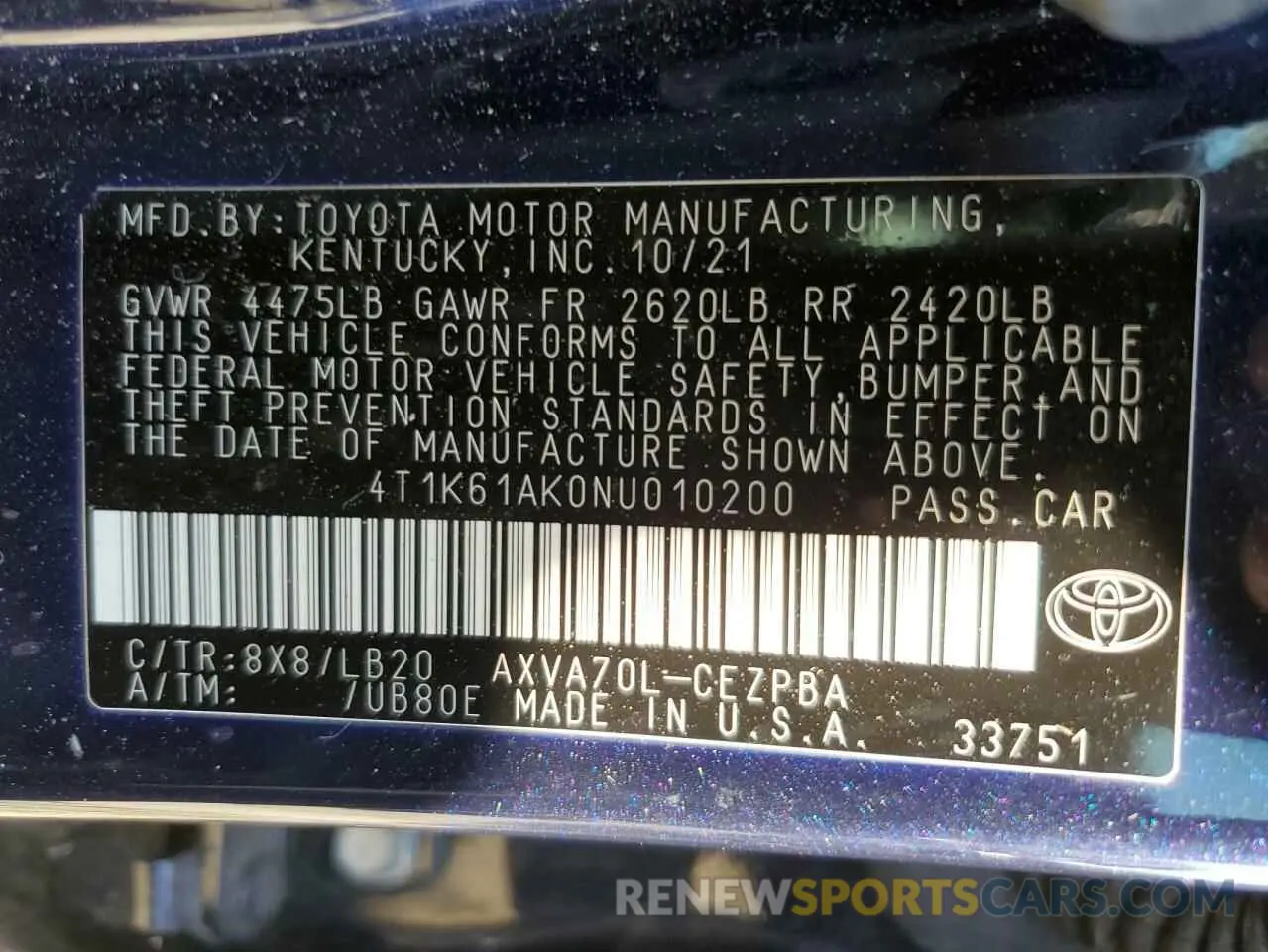 13 fotografías del automóvil dañado 4T1K61AK0NU010200 TOYOTA CAMRY 2022