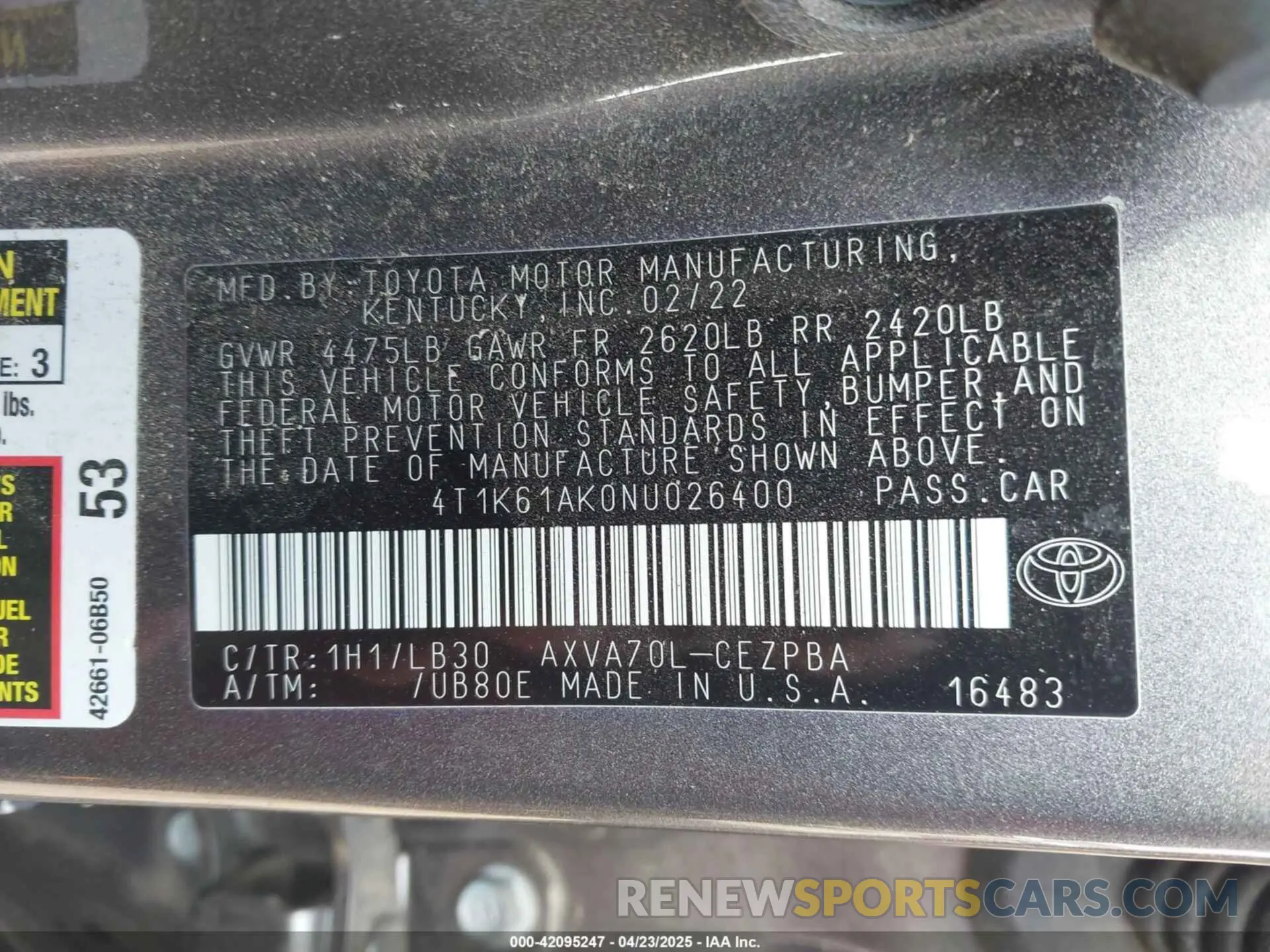 9 fotografías del automóvil dañado 4T1K61AK0NU026400 TOYOTA CAMRY 2022