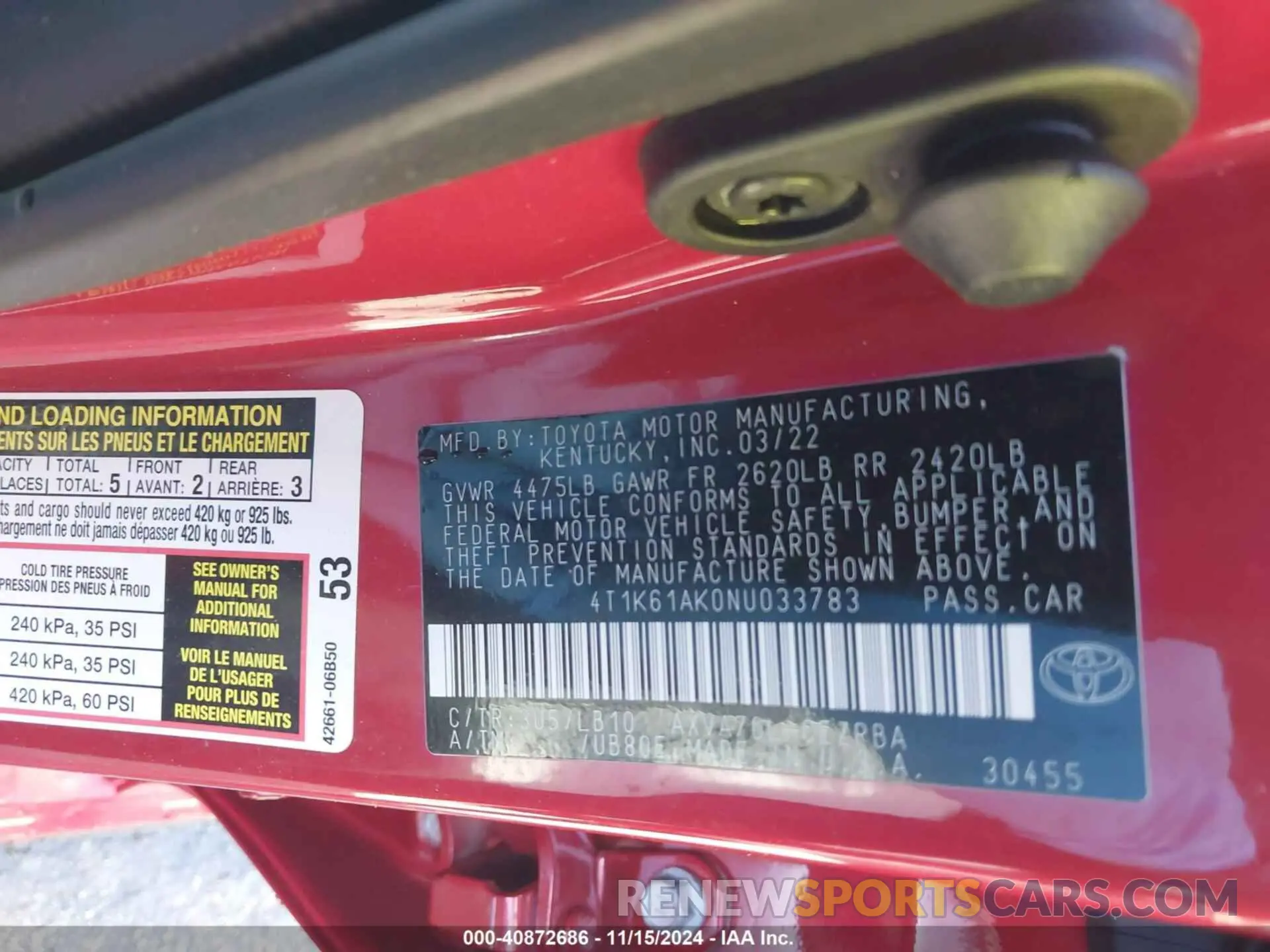 9 fotografías del automóvil dañado 4T1K61AK0NU033783 TOYOTA CAMRY 2022