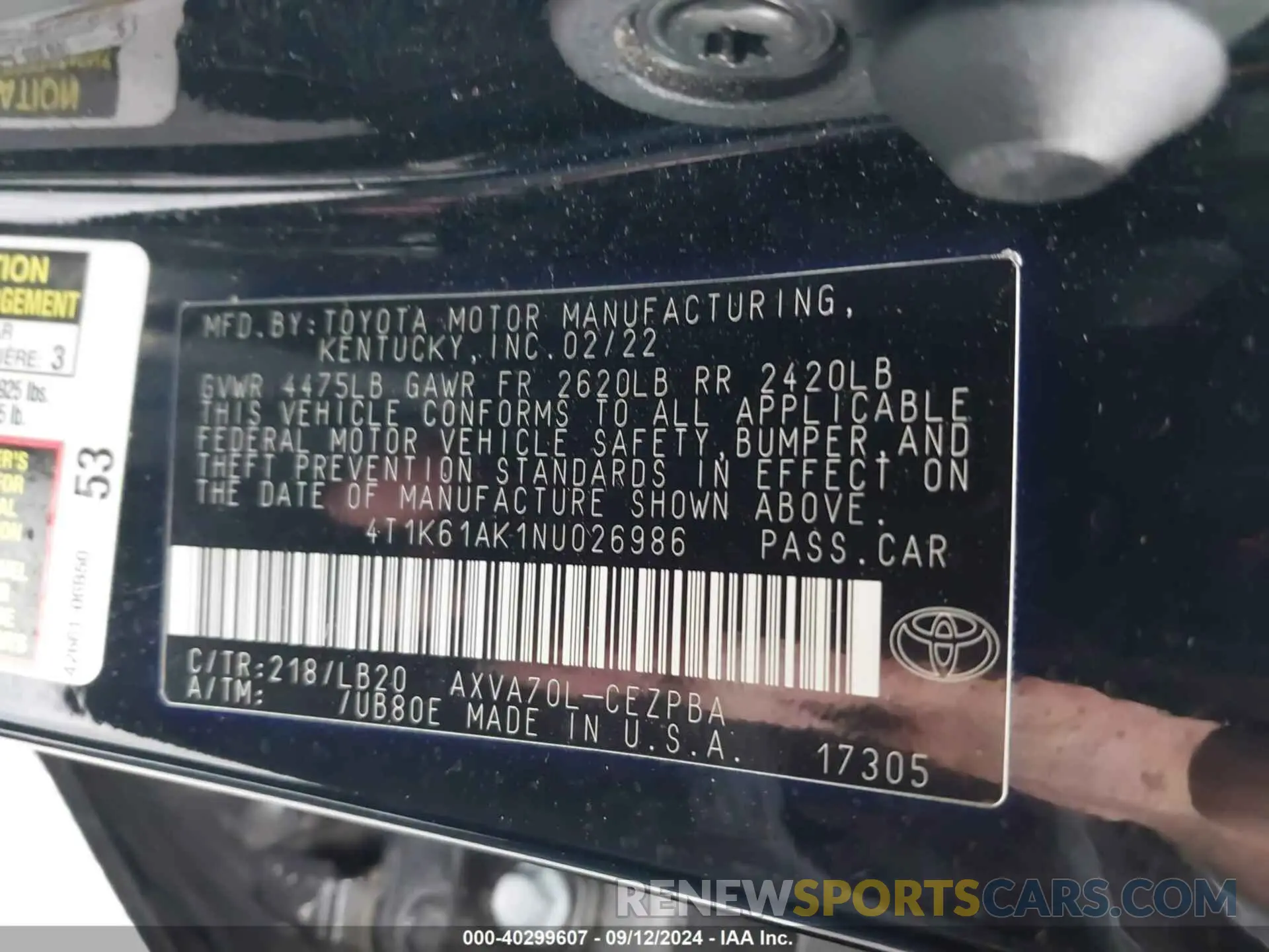 9 fotografías del automóvil dañado 4T1K61AK1NU026986 TOYOTA CAMRY 2022
