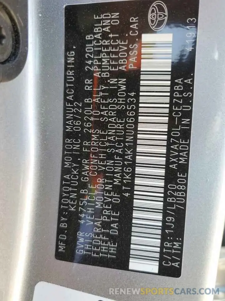 12 fotografías del automóvil dañado 4T1K61AK1NU066534 TOYOTA CAMRY 2022