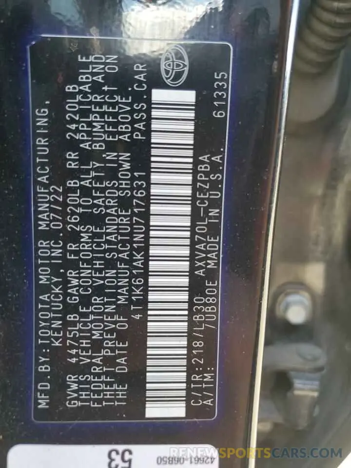 12 fotografías del automóvil dañado 4T1K61AK1NU717631 TOYOTA CAMRY 2022