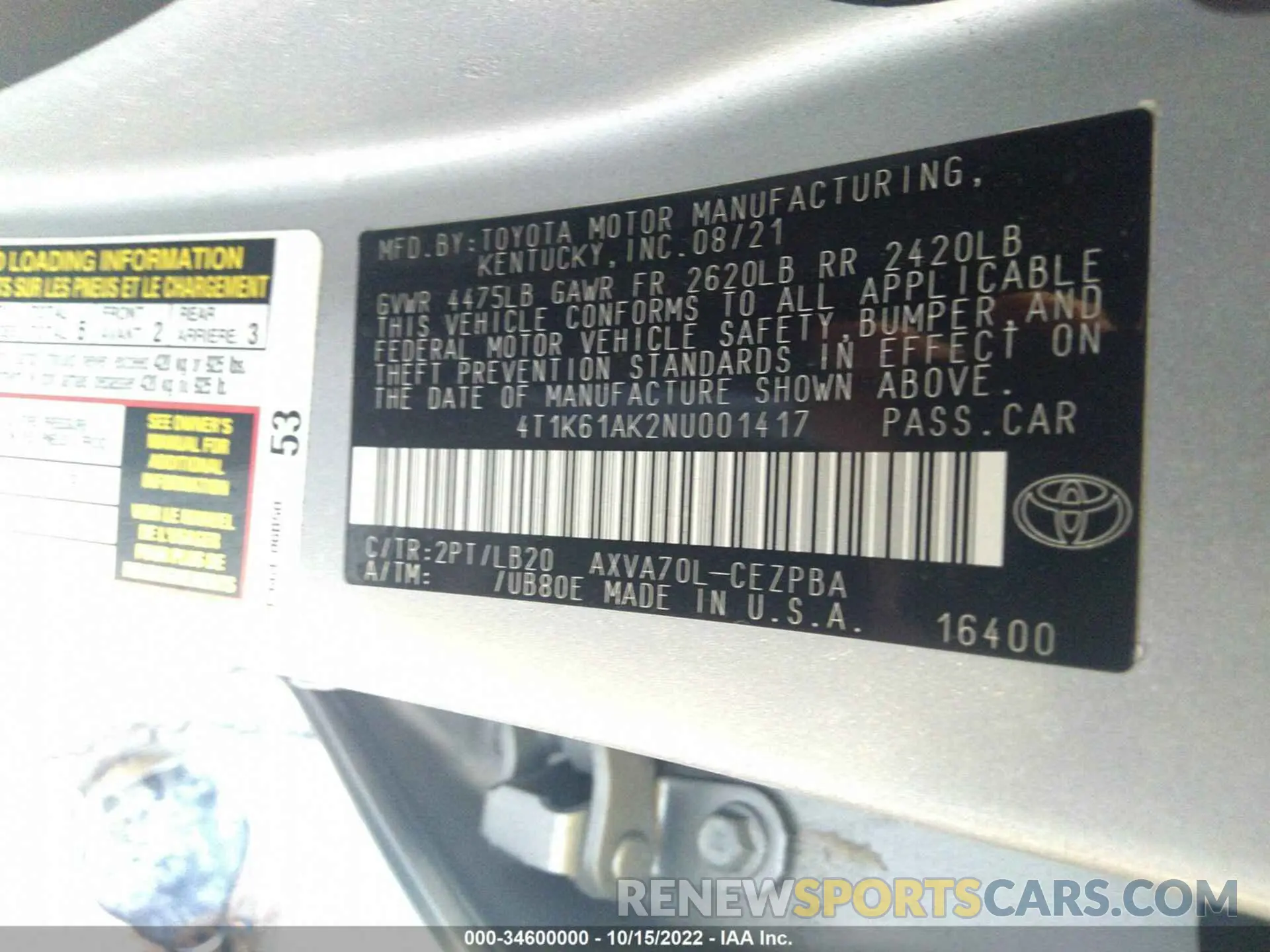 9 fotografías del automóvil dañado 4T1K61AK2NU001417 TOYOTA CAMRY 2022