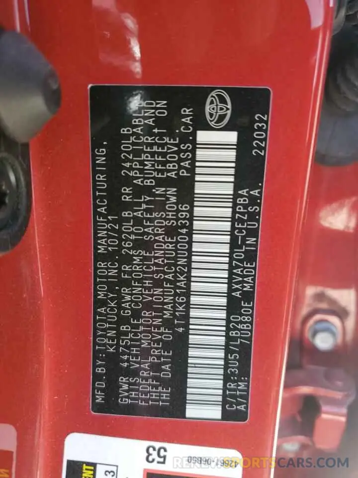 12 fotografías del automóvil dañado 4T1K61AK2NU004396 TOYOTA CAMRY 2022