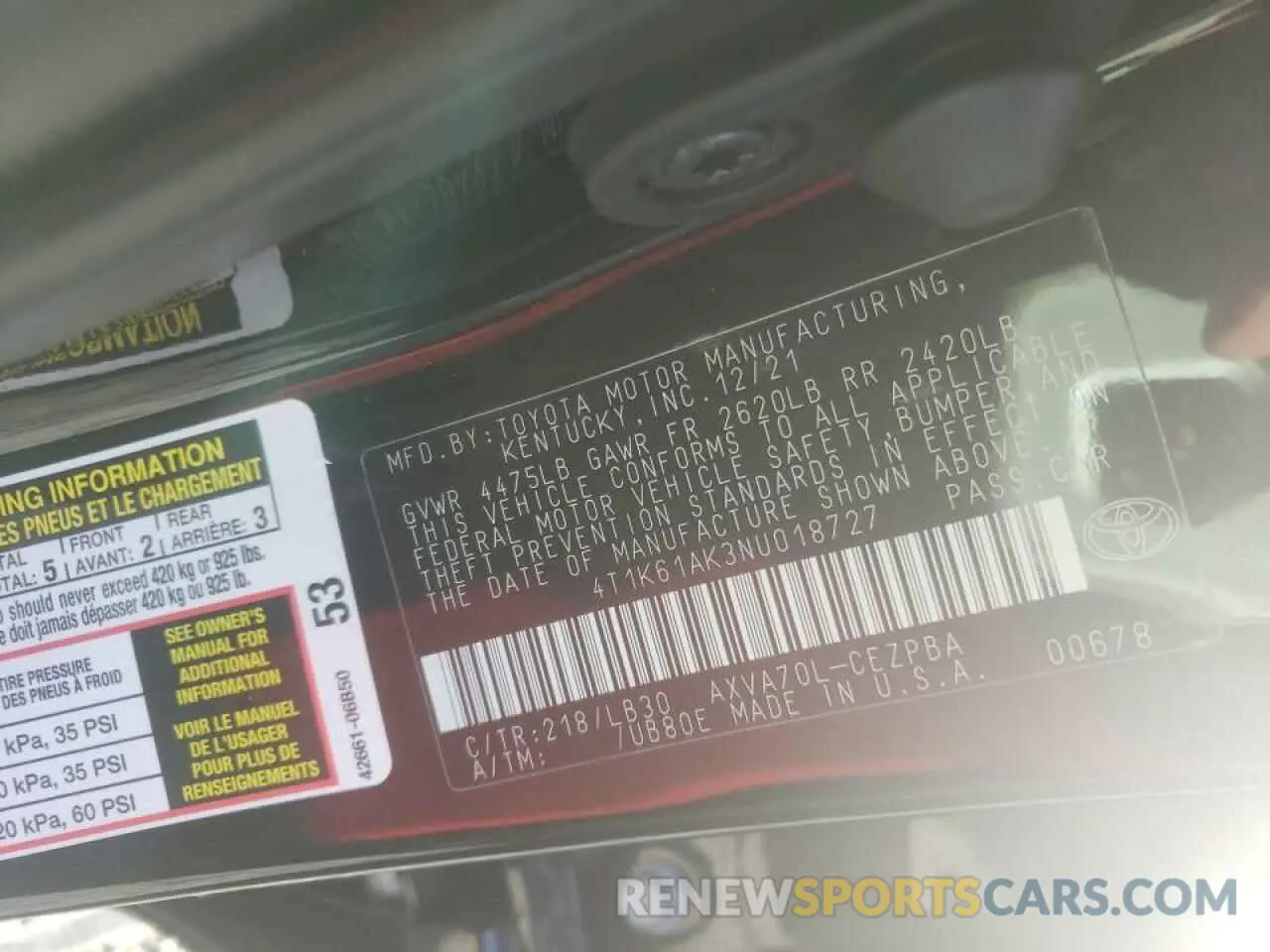 10 fotografías del automóvil dañado 4T1K61AK3NU018727 TOYOTA CAMRY 2022