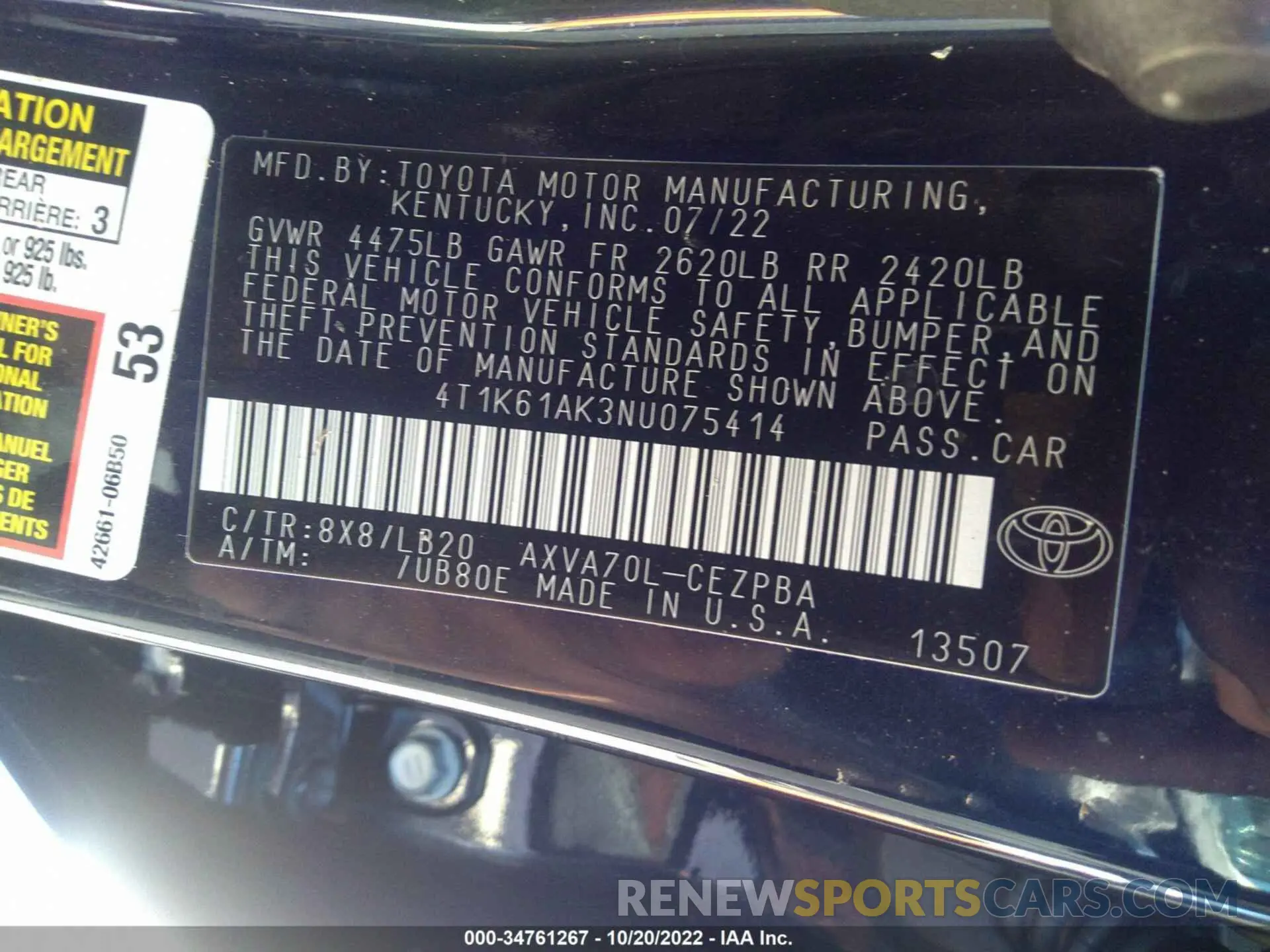 9 fotografías del automóvil dañado 4T1K61AK3NU075414 TOYOTA CAMRY 2022