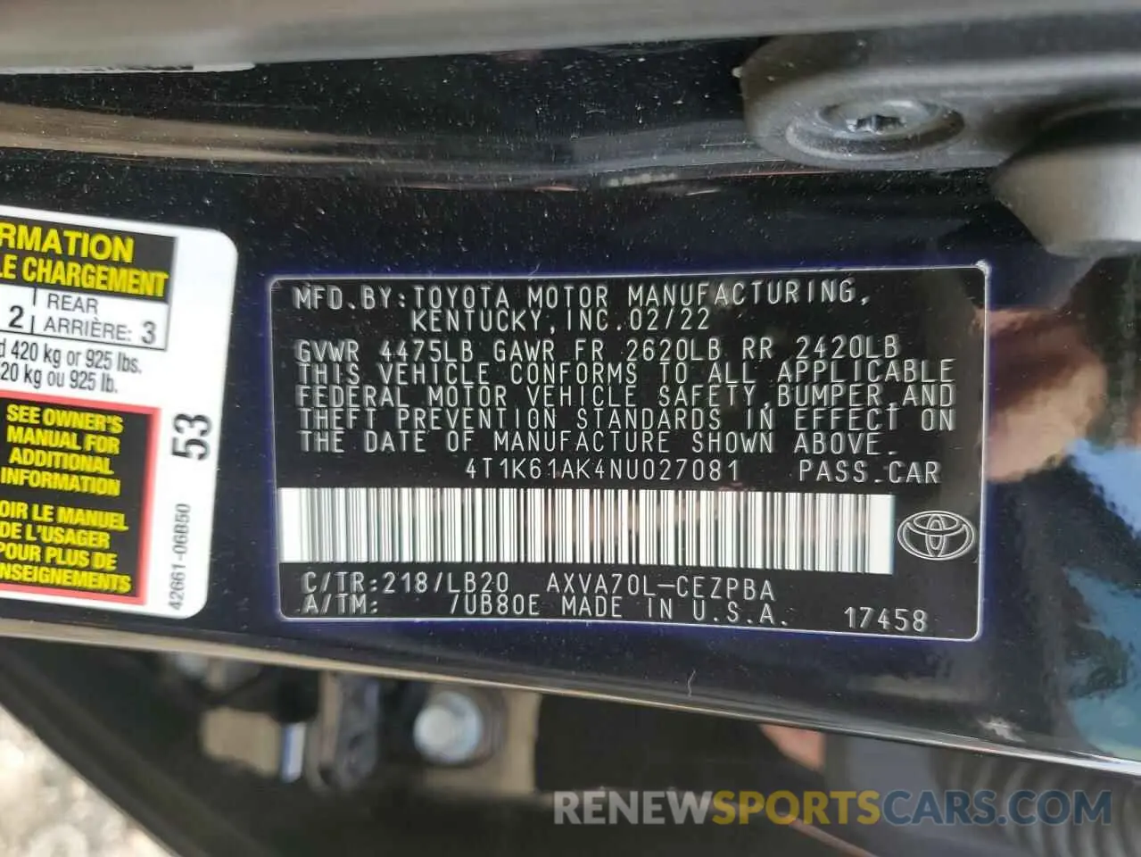 13 fotografías del automóvil dañado 4T1K61AK4NU027081 TOYOTA CAMRY 2022