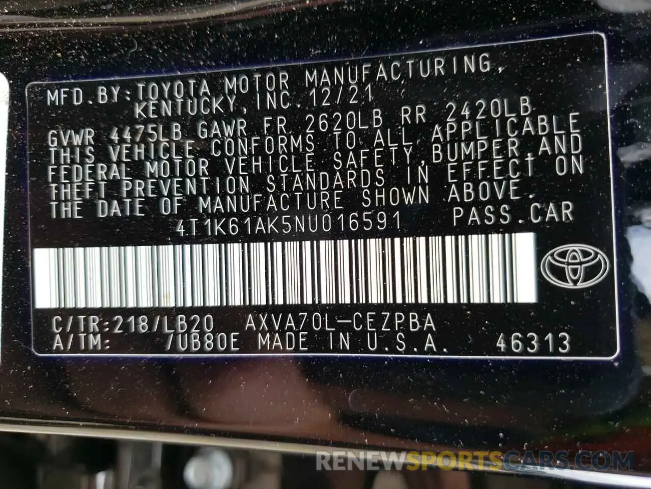 10 fotografías del automóvil dañado 4T1K61AK5NU016591 TOYOTA CAMRY 2022