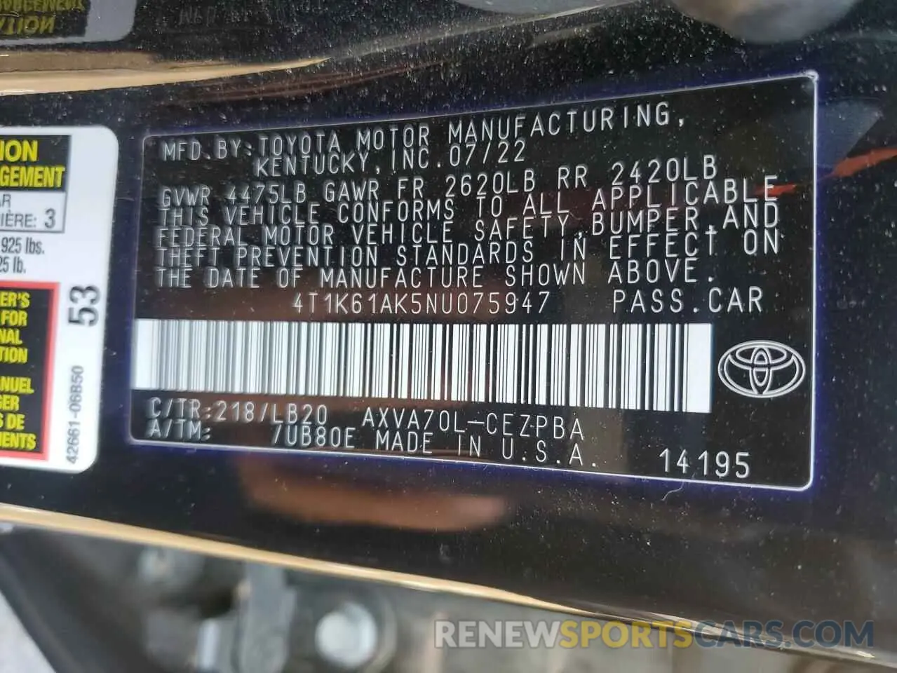 12 fotografías del automóvil dañado 4T1K61AK5NU075947 TOYOTA CAMRY 2022