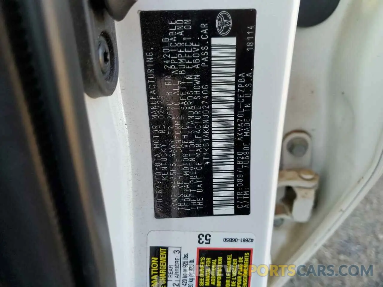 12 fotografías del automóvil dañado 4T1K61AK6NU027406 TOYOTA CAMRY 2022