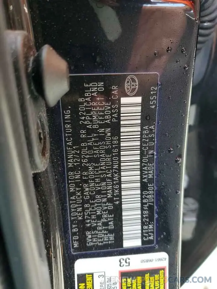 12 fotografías del automóvil dañado 4T1K61AK7NU016186 TOYOTA CAMRY 2022