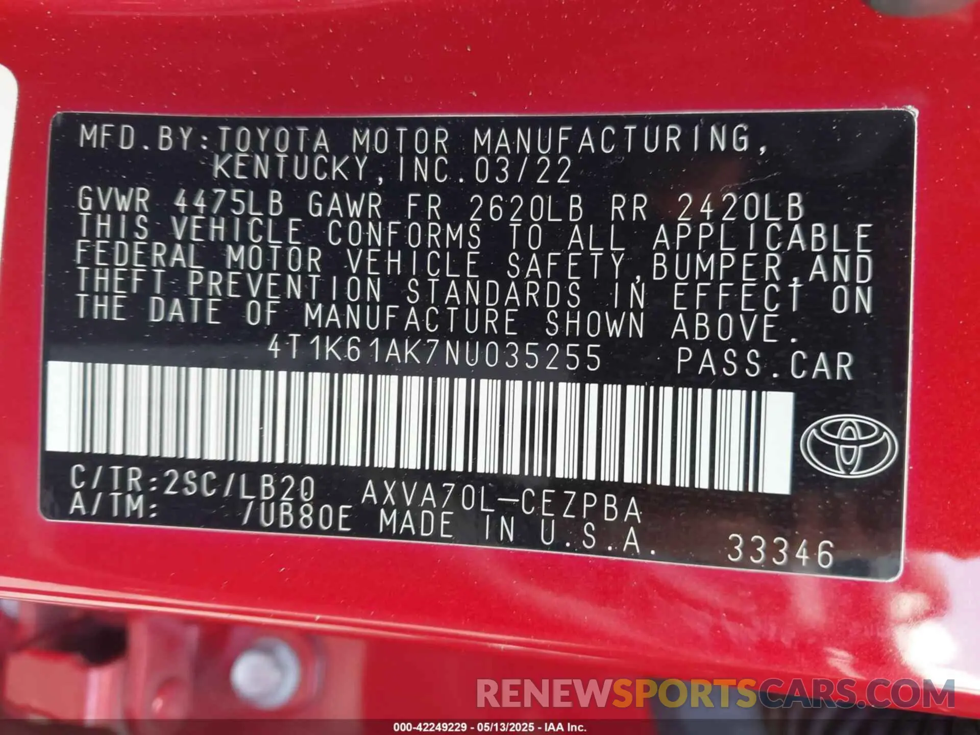 9 fotografías del automóvil dañado 4T1K61AK7NU035255 TOYOTA CAMRY 2022