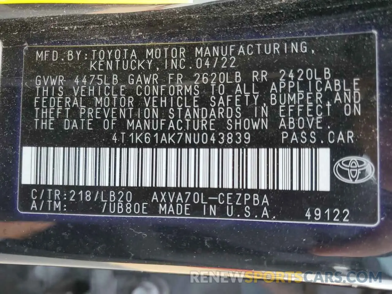 12 fotografías del automóvil dañado 4T1K61AK7NU043839 TOYOTA CAMRY 2022