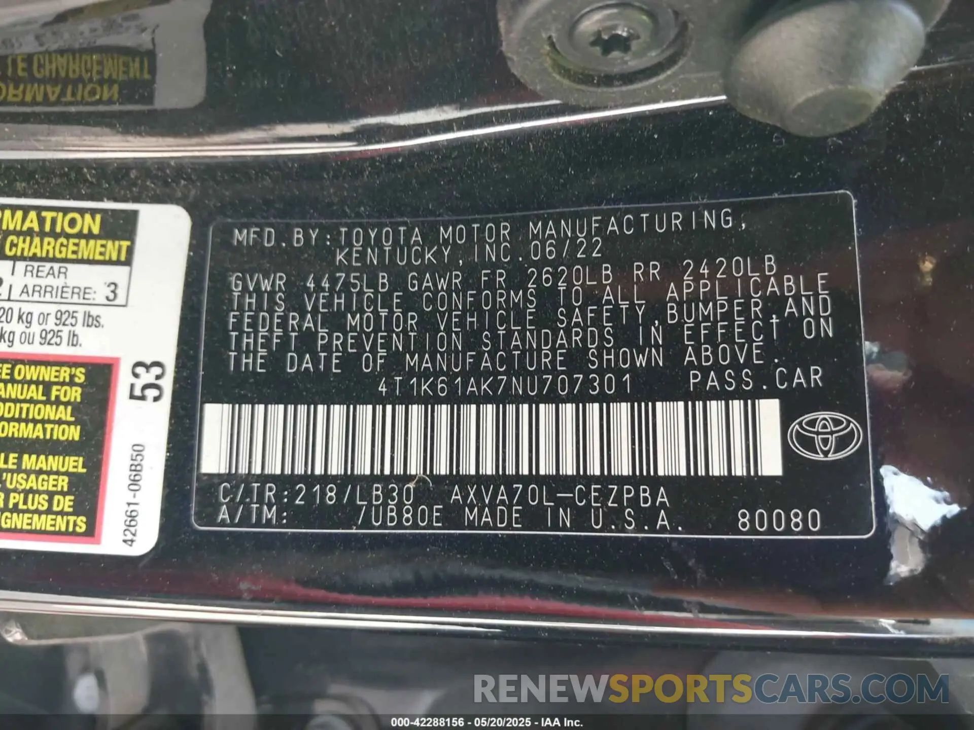 9 fotografías del automóvil dañado 4T1K61AK7NU707301 TOYOTA CAMRY 2022