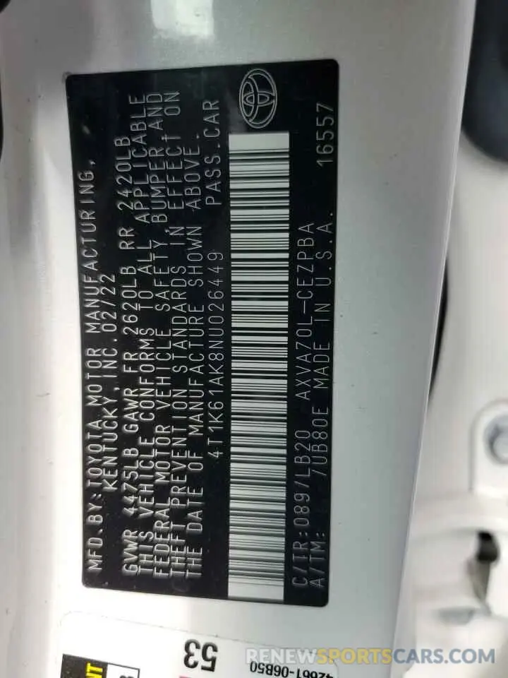 12 fotografías del automóvil dañado 4T1K61AK8NU026449 TOYOTA CAMRY 2022