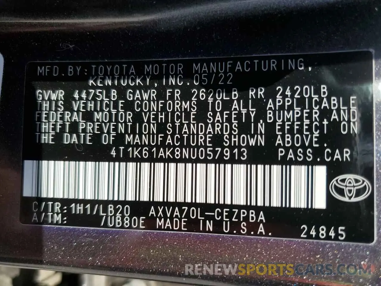 13 fotografías del automóvil dañado 4T1K61AK8NU057913 TOYOTA CAMRY 2022