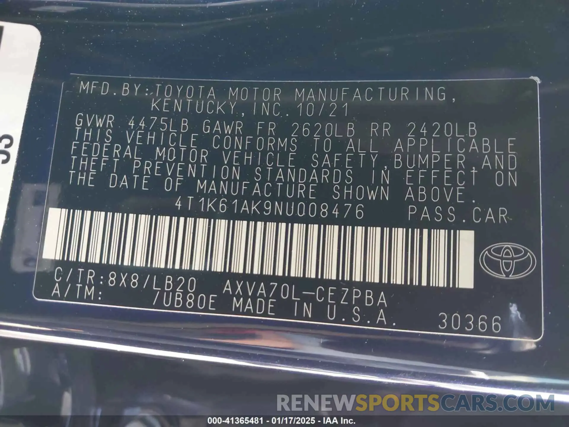 9 fotografías del automóvil dañado 4T1K61AK9NU008476 TOYOTA CAMRY 2022