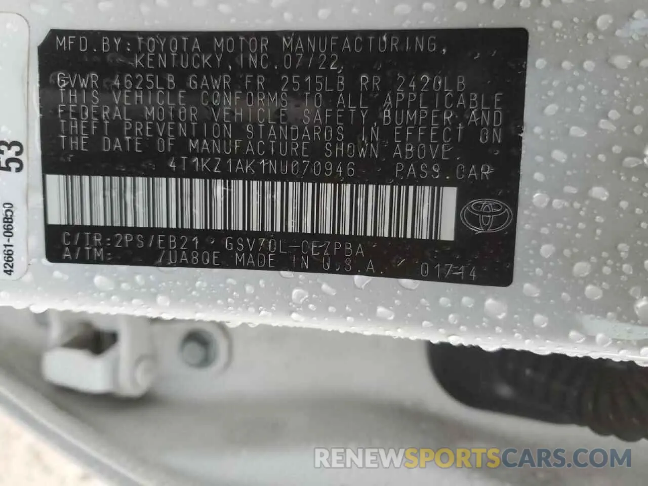 14 fotografías del automóvil dañado 4T1KZ1AK1NU070946 TOYOTA CAMRY 2022