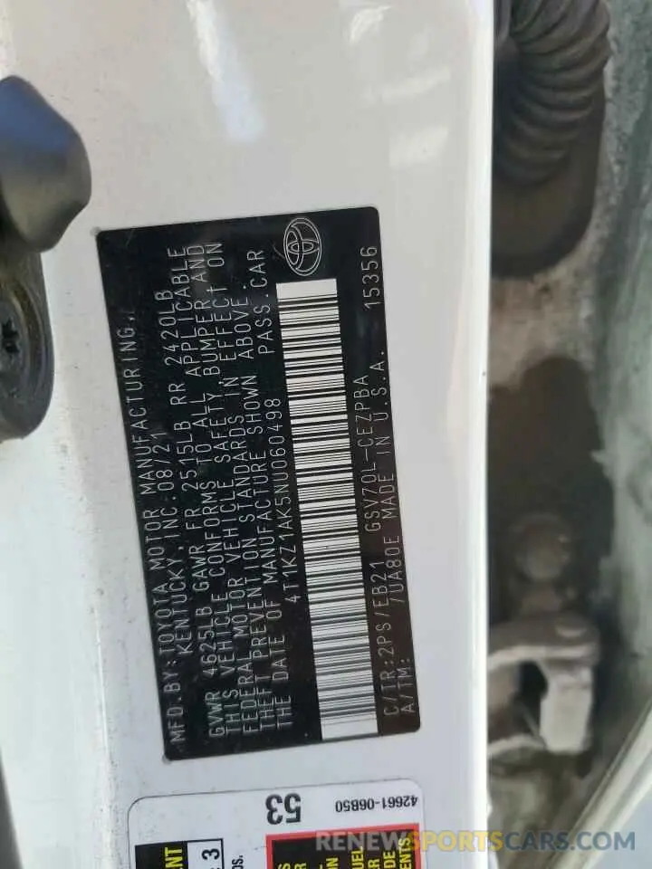 13 fotografías del automóvil dañado 4T1KZ1AK5NU060498 TOYOTA CAMRY 2022