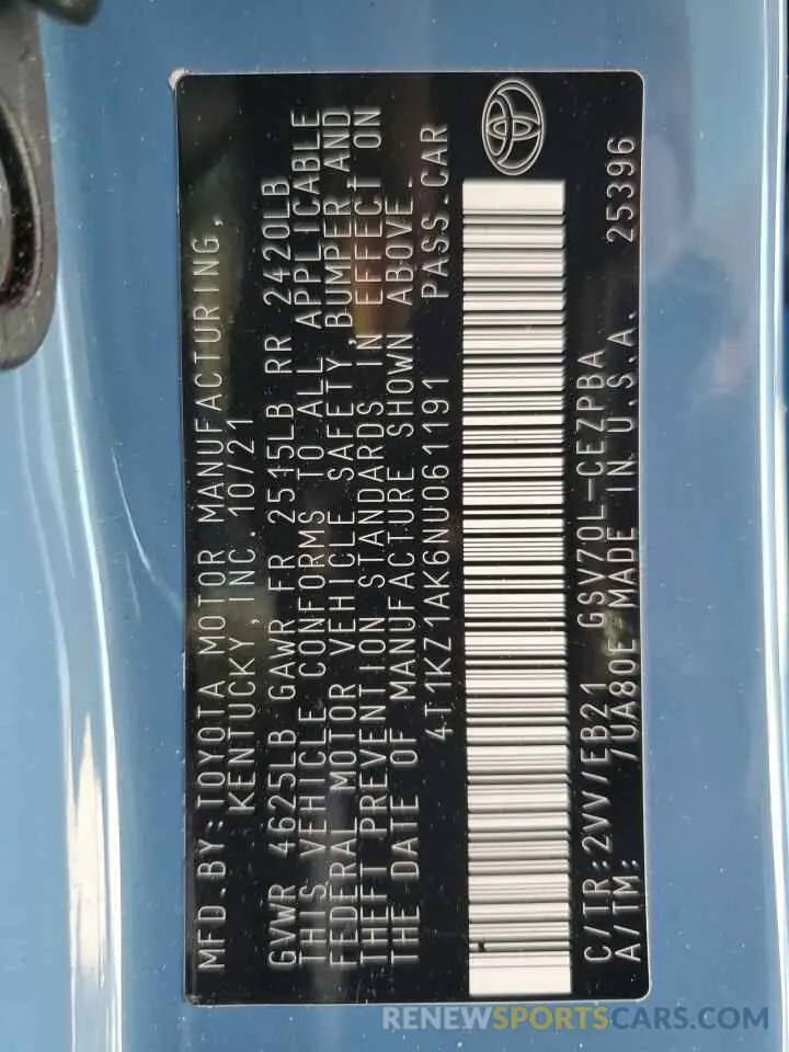 12 fotografías del automóvil dañado 4T1KZ1AK6NU061191 TOYOTA CAMRY 2022