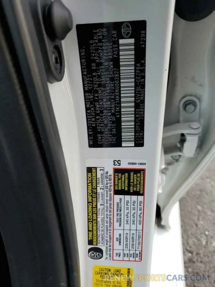 12 fotografías del automóvil dañado 4T1KZ1AK8NU062827 TOYOTA CAMRY 2022