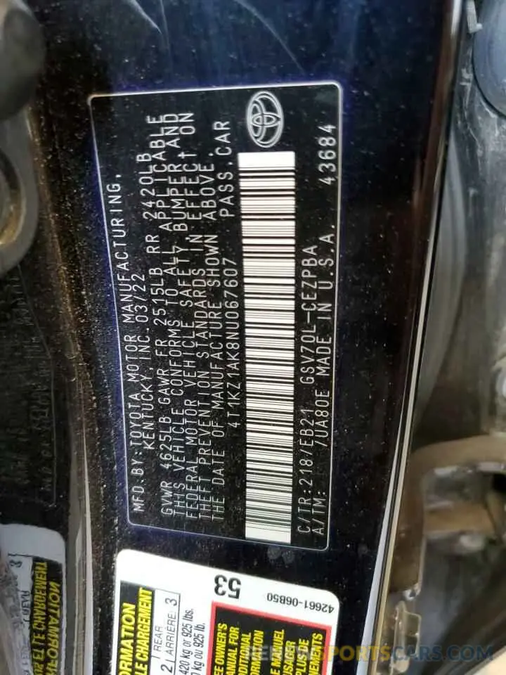 12 fotografías del automóvil dañado 4T1KZ1AK8NU067607 TOYOTA CAMRY 2022