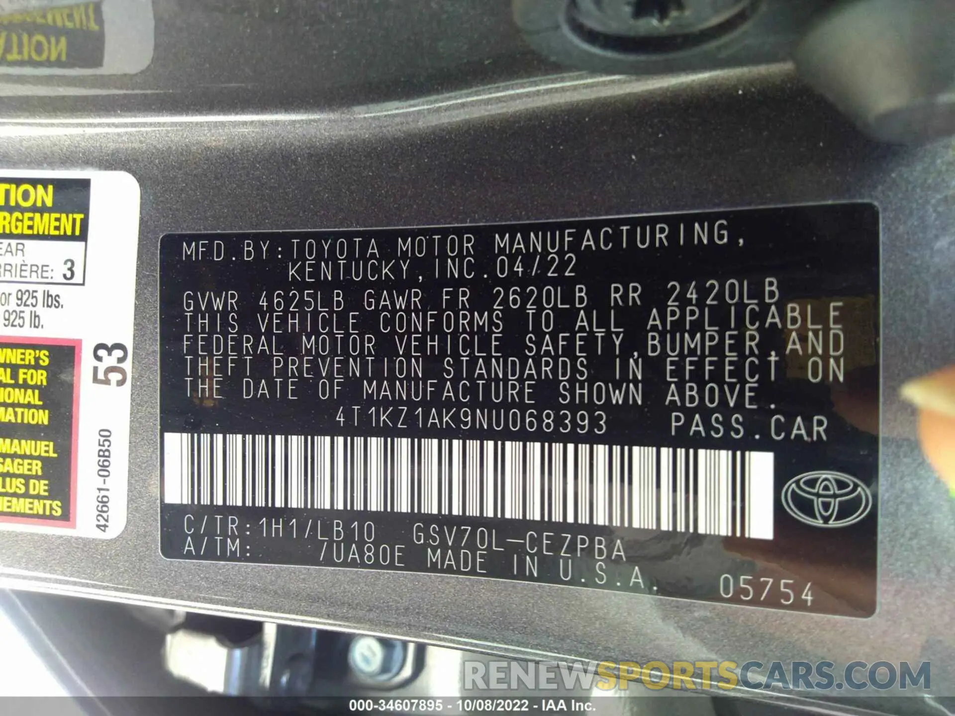 9 fotografías del automóvil dañado 4T1KZ1AK9NU068393 TOYOTA CAMRY 2022