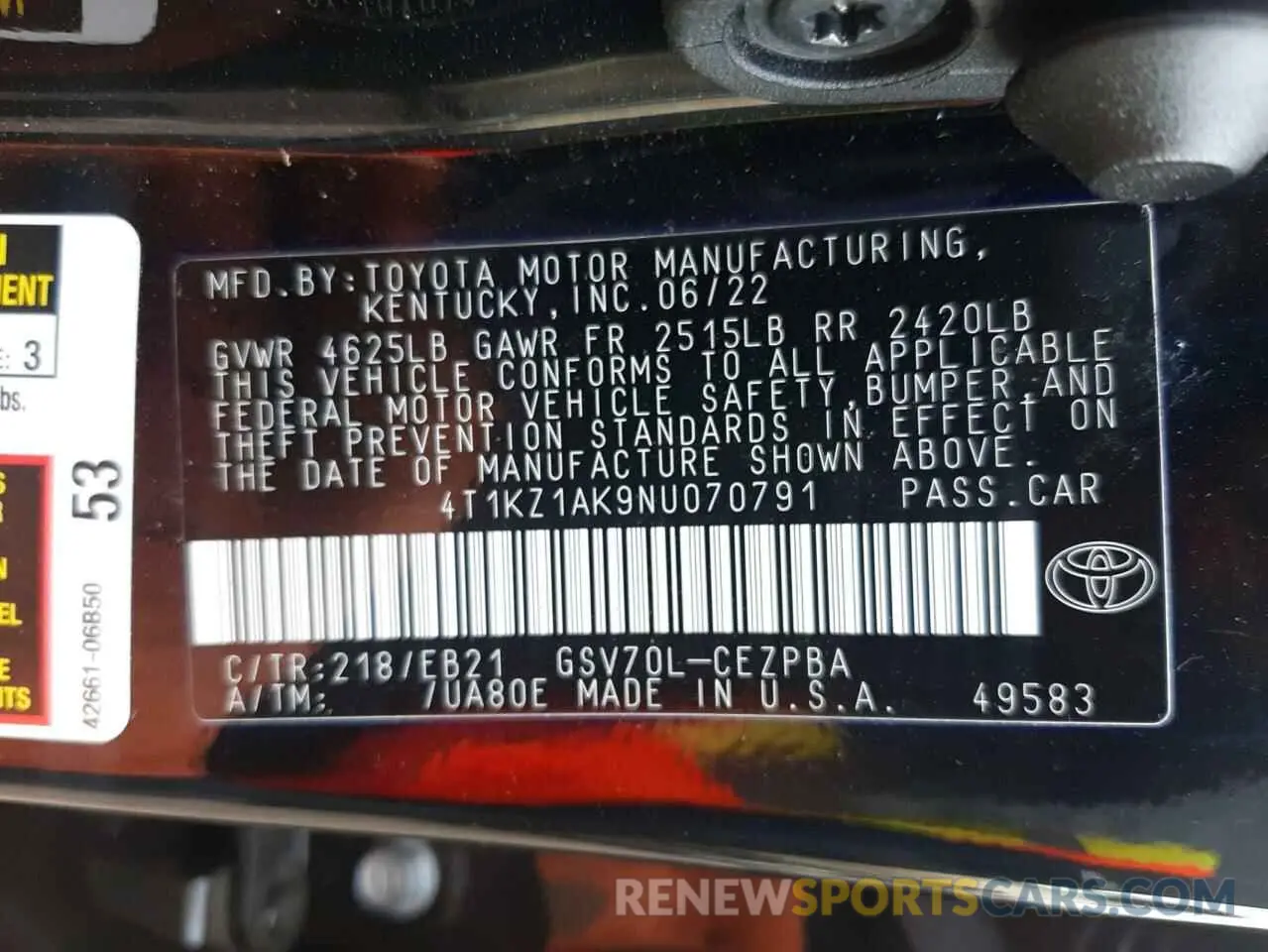10 fotografías del automóvil dañado 4T1KZ1AK9NU070791 TOYOTA CAMRY 2022